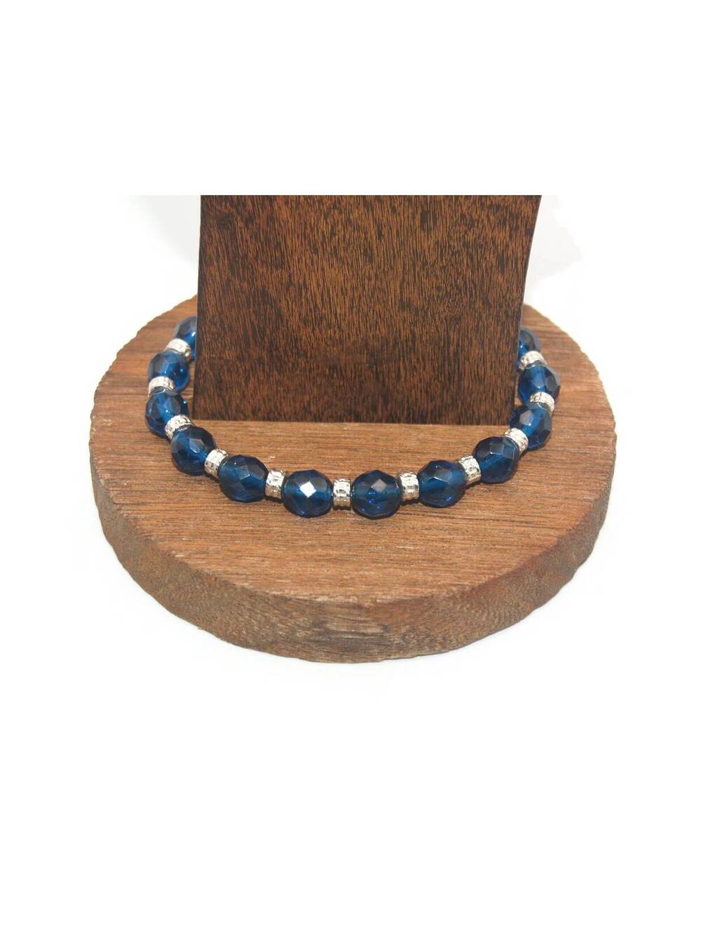 Vintage Faceted Blue Glass and Silver Tone Beads. 8 Inch Elastic Bracelet.